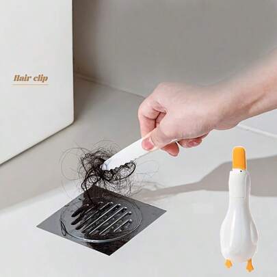 可爱鸭子造型发夹工具，黄色鸭子设计，防滑手柄，二合一淋浴排水管堵塞清除器，ABS塑料多功能毛发收集器和污垢刮刀，手动浴室/厨房/排水管清洁器，可爱鸭子造型，适用于浴缸、水槽和淋浴间 - 易于抓握，耐用ABS材质，符合人体工程学手柄