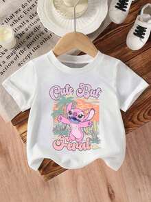 Disney Girls' T-Shirt, Creative Angelic Alphabet Cartoon Print, Summer Cotton Crew Neck Short Sleeve For Girls, Suitable For Everyday Wear, Vacations, Outdoor Activities, And As A Gift For Children. - trắng - Xem 3