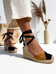 Sandalias alpargats con cuña altas y cordones para mujer,Zapatos de esparto para mujer primavera verano con diseño de cuña atada y combinaciones de colores ideales para trabajo oficina vacaciones y citas - Negro - Ver 4