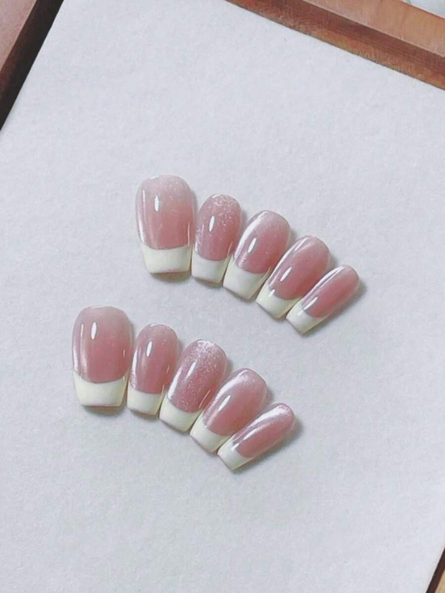 10片装粉色猫眼法式流苏美甲贴,简约可爱日常款,长款梯形假指甲,适合女士、女孩和DIY美甲爱好者。 - 淺粉色 - 查看 1