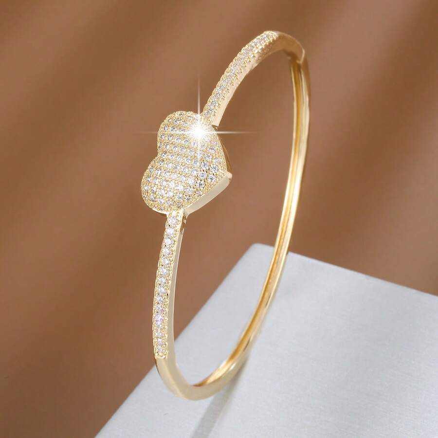 1pc Elegant Heart-Shaped Design Cubic Zirconia Inlaid Women's Fashion Bracelet, Valentine's Day Gift - Multicolor - View 1