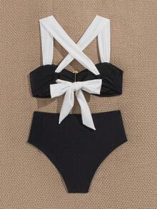 wohenmeili 撞色拼接金属装饰比基尼套装，度假海滩夏季 - 黑與白 - 查看 10
