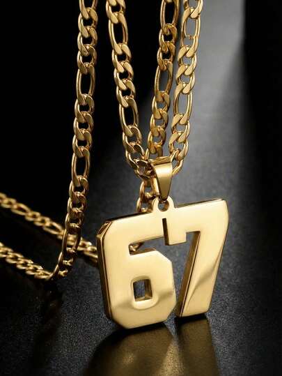 1pc European & American Punk Hip-Hop Baseball Football Arabic Number 67 Pendant Necklace, Gold/Silver Exaggerated Sweater Chain, Matte Or Smooth 67 Pendant Necklace, Suitable For Women Fashion, Sports, Street, Outdoor, Daily Wear