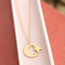 Gold-Plated Stainless Steel Crescent Moon & Pentagram Necklace, Religious Amulet Pendant - Necklace - View 5