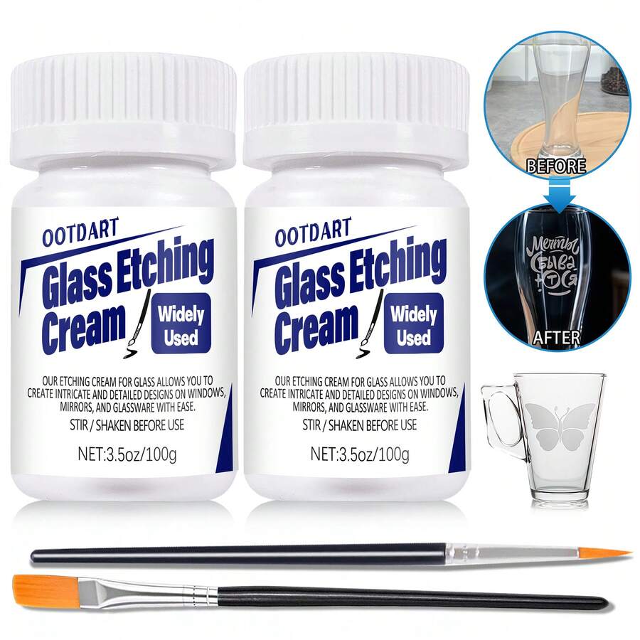 200克/100克玻璃蚀刻入门膏套装，适用于复杂图案，蚀刻艺术膏，DIY艺术工艺用品，可为镜子、窗户、玻璃创造永久精美的蚀刻图案。 - 白色 - 查看 1