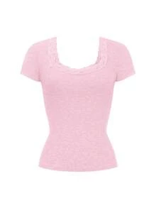 GAOVOT 女士 Y2K 性感蕾丝拼接休闲方领短袖 T 恤，夏季粉色 - 粉色 - 查看 8