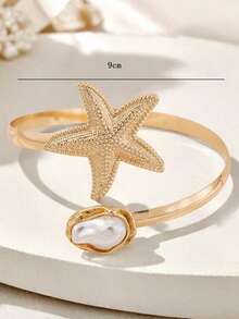 1pc Fashionable Minimalist Adjustable Gold Starfish & Faux Pearl Bracelet, Suitable For Women Beach Vacation