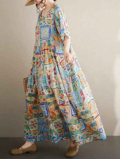 Tops 2026 Women's Summer Long Skirt Bohemian Leisure Vacation Skirt, Plus Size Dress, Women's Plus Size Pleated Long A-Line Dress, Round Neck Short Sleeved, Summer Printed Woven Fabric, Regular Hem Beach Long Dress With Pockets, Fitted,