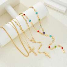 Vintage Colorful Rhinestone Multi-Layer Necklace Cross Pendant Zinc Alloy Gold Plated Stacked Wear Collarbone Chain - Estilo 2 - View 4