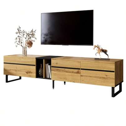 Modern Low TV Unit 180cm With Fold-Down Compartment, Open Shelves And Double Door – Minimalist TV Unit That Can Be Used As A Sideboard, TV Unit Or Living Room Unit With Plenty Of Storage.