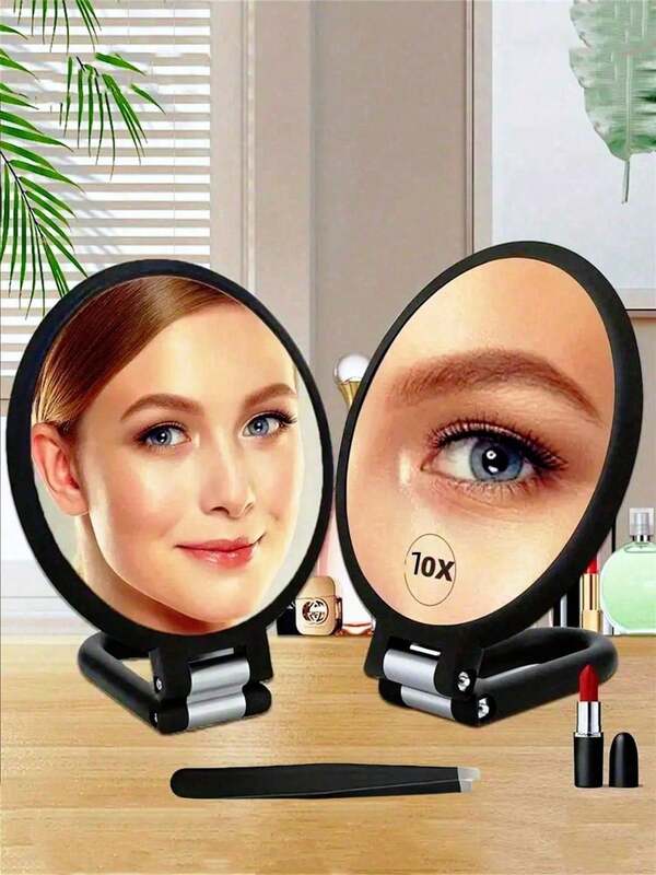 2 pièces Miroir de maquillage et set de pinces, miroir double face professionnel grossissant 10X, poignée ajustable à 360°, base pliable, portable de voyage, convient pour un maquillage précis, cadeau idéal pour la petite amie, Saint-Valentin et Thanksgiving