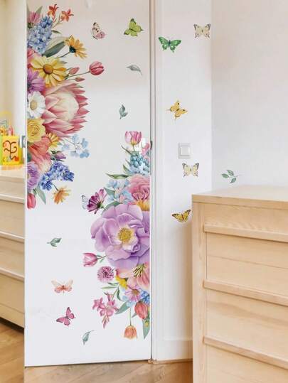 1 st färgglad väggdekal med fjäril, ros, solros och blommor, avtagbar väggdekoration för sovrum, vardagsrum