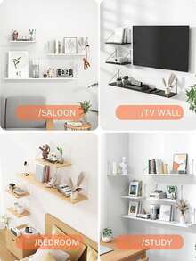 1件装壁挂式储物架，无需钻孔的木质分隔架，客厅壁挂式展示架，宿舍厨房收纳木板 - 白色 - 查看 7