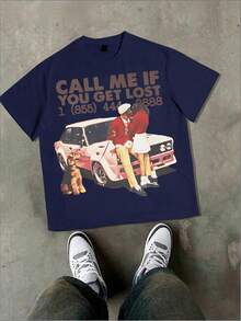 Plus Size Men's 100% Cotton Graphic Tee, Crew Neck Short Sleeve Casual T-Shirt With Retro Car Portrait Design, Vintage Streetwear, Comfortable Soft & Breathable For Summer, Regular Fit, Durable Fabric,Ideal Gifts For Men - 藏蓝色 - 查看 1