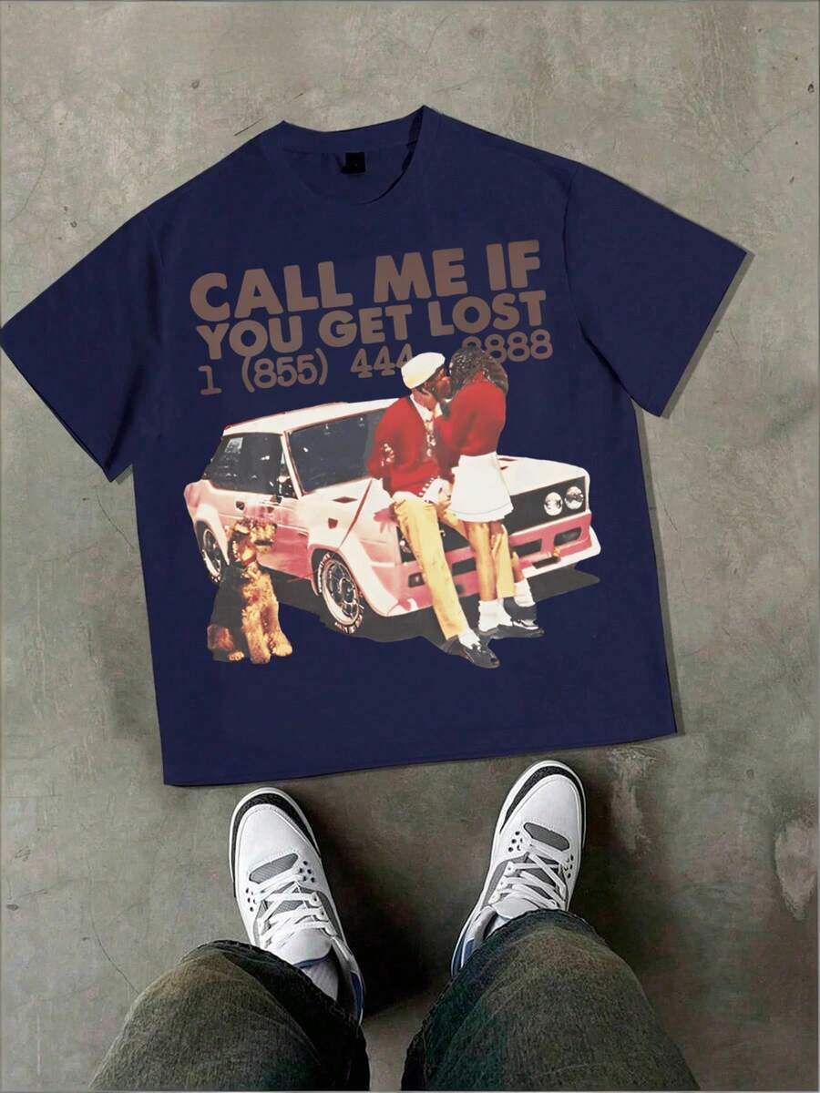 Plus Size Men's 100% Cotton Graphic Tee, Crew Neck Short Sleeve Casual T-Shirt With Retro Car Portrait Design, Vintage Streetwear, Comfortable Soft & Breathable For Summer, Regular Fit, Durable Fabric,Ideal Gifts For Men - 藏蓝色 - 查看 1