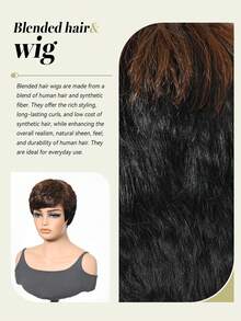 Ombre Brown And Black Short Straight Chic Pixie Cut Blended Wig With Bangs 150% Density 6 Inches Blend Hair Wig Suitable For Daily Party Festival And Cosplay Wigs For Women Hairstyle - S1/4 - View 11