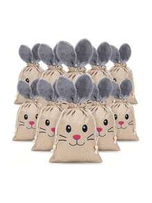1/3/6pcs Large 26*20cm Easter Burlap Drawstring Gift Bags With Fluffy Rabbit Ears And Beads, Easter Burlap Candy Bags - Multicolor - View 12