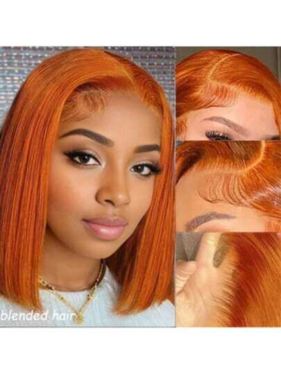 10英寸姜橙色短款人发混纺假发，波波头，人发混纺，直发，预先拔毛，180%密度，13x4高清透明蕾丝前假发，女士短直波波头假发，蕾丝前假发，8-36英寸