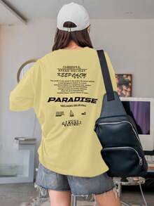 Women's Oversized Printed T-Shirt - Cheerful Paradise Phrase - Loose, Casual, Stylish, Modern, And Cool Blouse - 黃色 - 查看 4