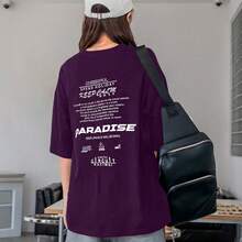Women's Oversized Printed T-Shirt - Cheerful Paradise Phrase - Loose, Casual, Stylish, Modern, And Cool Blouse - 紫色 - 查看 13