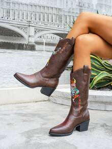 2026 New Fashion Women's Pointed Toe Chunky Heel Embroidered Western Cowboy Boots - Brown - View 2