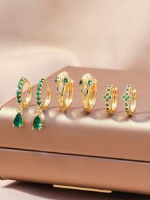 6件套镀金铜质简约花卉、心形、蛇形耳环，欧美时尚风格，适合女士派对、聚会、约会、办公场合佩戴，情人节饰品，节日派对礼物 - 金黃色 - 查看 9