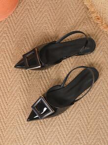 Women's Fashion Pointed Toe Black Buckle Strap Casual Flat Sandals, Spring/Summer - Black - View 5