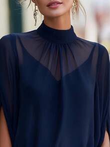 1pc Women's Summer Chiffon Sheer Elegant Fashion Mandarin Collar Cape Sleeve Cover Up, Suitable For Casual, Date Night, Holiday, Office, Home Wear In Summer - Royal Blue - View 2