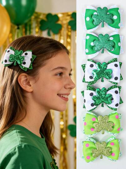 2pcs/Set St. Patrick's Day Hair Bows For Girls -Glitter Shamrock Hair Clips With Polka Dot Ribbon, Cute Assorted Hair Accessories For Party Outfits & Daily Hairstyling