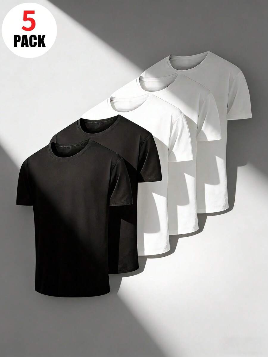 5pcs/Set Tween Boys Black Crew Neck Short Sleeve T-Shirts, Soft & Comfortable Tees Suitable For Casual Daytime And Warm Nights! Kids Graphic Tees - Black and White - View 1