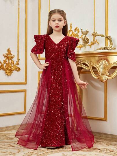  Vestido elegante de niña ALISA&LEO con cuello en V con lentejuelas, mangas con volantes y longitud hasta el piso con superposición transparente, adecuado para niña de las flores, fiesta de cumpleaños, ocasión formal y otros eventos especiales
