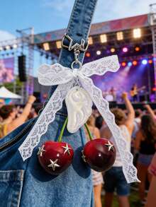 Y2K Goth Lace Bow & Cherry Bag Charm Keychain, Versatile As Bag Charm, Keychain Accessory & Outfit Accent For Stylish Y2K/Goth Bag Styling, Edgy Cute Purse Hanging Ornament With Star & Pearl Wing Accents, Ideal For Decorating Handbags, Crossbody Bags, Backpacks, Suitable For Y2K Fashion Enthusiasts, Women, Teen Girls, Gift Givers, Perfect For Daily Outings, Music Festivals, Casual Gatherings - Multicolor - View 7