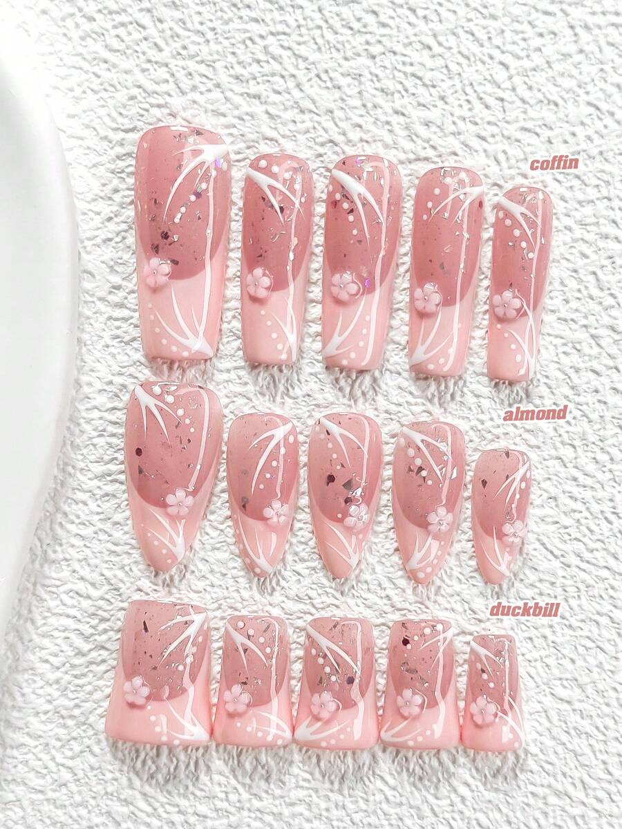 10pcs Set Minimalist Pink Series Nail Stickers, Handmade Nail Art Kit, French Manicure, Small Pink 5-Petal Flower Nail Decor, Hand-Painted Pattern Embellishment, Shiny Glitter Gel Nails, 3 Sizes Available: Almond, Duck Mouth, Coffin Shape, Includes Tool Kit, Suitable For Women And Girls, Applicable For Parties, Events, Daily Nails Nail Supplies - 彩色 - 查看 1