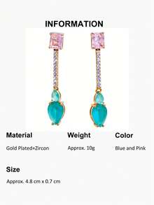 1 Pair Awesome Pink Light Blue Cubic Zirconia Bridal Wedding Long Dangle Drop Gold Plated Earrings With 925 Silver Post CZ Women Party Jewelry Accessories - Blue - View 15