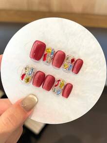 10 Móng Giả Ngắn Kiểu Mắt Mèo Màu Đỏ Hồng Vẽ Tay, Họa Tiết Kim Cương Lấp Lánh, Thích Hợp Làm Quà Tặng Cho Phụ Nữ Và Bé Gái, Keo Dán Móng Và Miếng Dán, Dụng Cụ Làm Móng Thủ Công. - Màu Hoa hồng đỏ - Xem 6