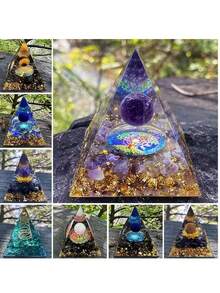1pc Natural Crystal Ball Pyramid Ornament, Resin Wrapped Crystal Chips Home Decoration, Boxed Lucky Fengshui Desktop Small Ornament - Multicolor - View 6