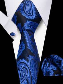 1 Set Men's Premium 3 PiecesTie, Pocket Square, Cufflinks Set, Soft Polyester Fabric, Blue
