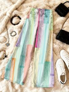 3D Women'S Jeans |   Colorful Vertical Stripes With Pastel Hues, Durable, Non-See-Through, Elegant, Style, Formal, Long Length, High-Elasticity, Dress Pants, Fall/Winter Season - 彩色 - 查看 4