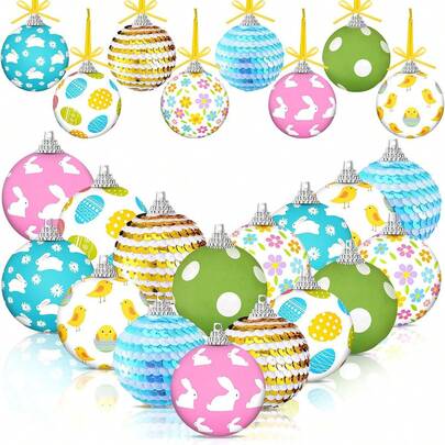 16件套复活节装饰木制兔子、彩蛋、小鸡、雏菊花挂件，春季主题