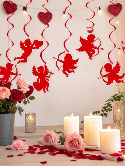 16-Piece Valentine's Day Hanging Spiral Decorations - Red Ribbon Spirals Featuring Various Cupid Designs, Perfect For Valentine's Day, Wedding Anniversary Ceiling Decorations, Bridal Shower Parties, And Themed Party Props.