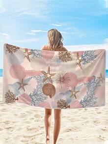 1pc Ocean Series Coral Print Beach Towel - Large Size, Super Soft Quick-Dry, Waterproof And Sand-Proof. Perfect Vacation Essential For Pool, Beach, Yoga, And Outdoor Adventure. Bathroom Decor Camping & Travel Towels - Multicolor - View 8
