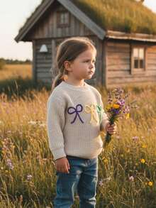 Suéter de MardiGras para niña pequeña con lazo bordado, cuello redondo, manga larga, tops de punto grueso - Albaricoque - Ver 4