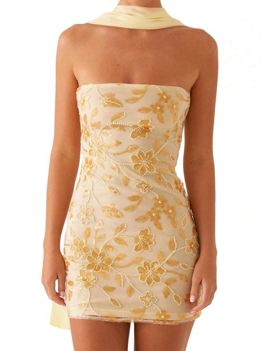Women Summer Mini Bandeau Dress Sleeveless Off Shoulder Flower Embroidery Tube Top Dress With Scarf - 黃色 - 查看 1