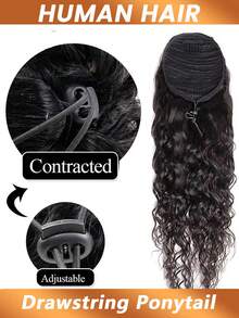 水波纹马尾辫真人发接发片马尾夹式接发片抽绳真人发马尾辫接发片自然黑女士 - Natural Black - 查看 4