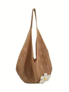 1pc Women's Lightweight Handbag, Crochet Woven Beach Tote Bag, Suitable For College Students, Study And Travel - Multicolor - View 4