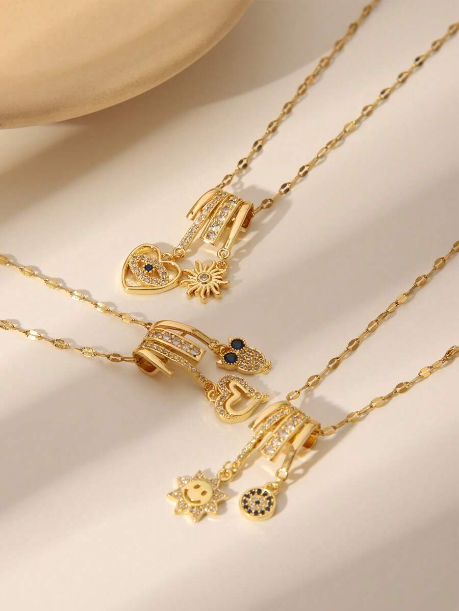 金色可爱吊坠项链 - 心形/猫头鹰/笑脸水钻饰品，适合女士日常/休闲穿着 - 金色 - 查看 1