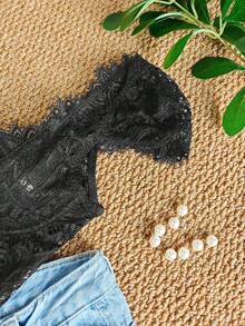 RAHQ 1pc Sexy Lace Sheer Bustier Top - Y2K Aesthetic Hollow Out Crop Top, Suitable For Party And Date - Black - View 5