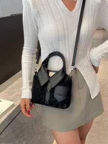 Black Shirt-Collar Design Mini Crossbody Bag, Local Delivery Bolsos Para Mujer Carteras Para Mujer, Unique Hot Girl Style Handheld Satchel, PU Fabric Long Strap Shoulder Purse, Stylish Small Square Hand Bag, Perfect For Spring Summer, Casual Daily Outfit, Everyday Essentials, Great Birthday Gift, Independence Day Celebration Bag - màu đen - Xem 1