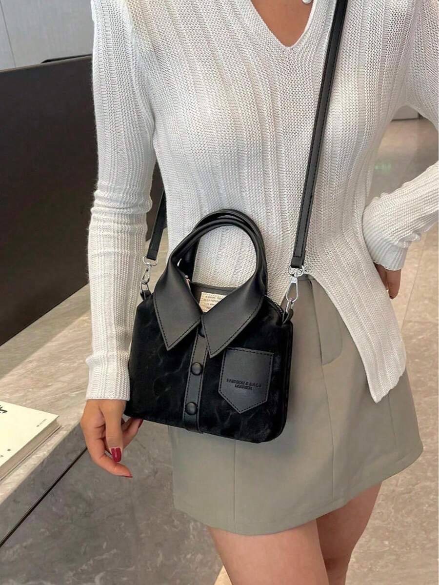 Black Shirt-Collar Design Mini Crossbody Bag, Local Delivery Bolsos Para Mujer Carteras Para Mujer, Unique Hot Girl Style Handheld Satchel, PU Fabric Long Strap Shoulder Purse, Stylish Small Square Hand Bag, Perfect For Spring Summer, Casual Daily Outfit, Everyday Essentials, Great Birthday Gift, Independence Day Celebration Bag - màu đen - Xem 1