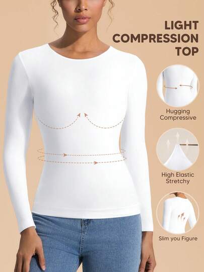 女士无缝运动文胸上衣，圆领长袖轻薄夏季打底衫